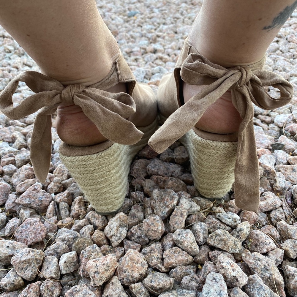 Brand New Taupe Peep Toe Espadrille Wedge Heels - Picture 5 of 7